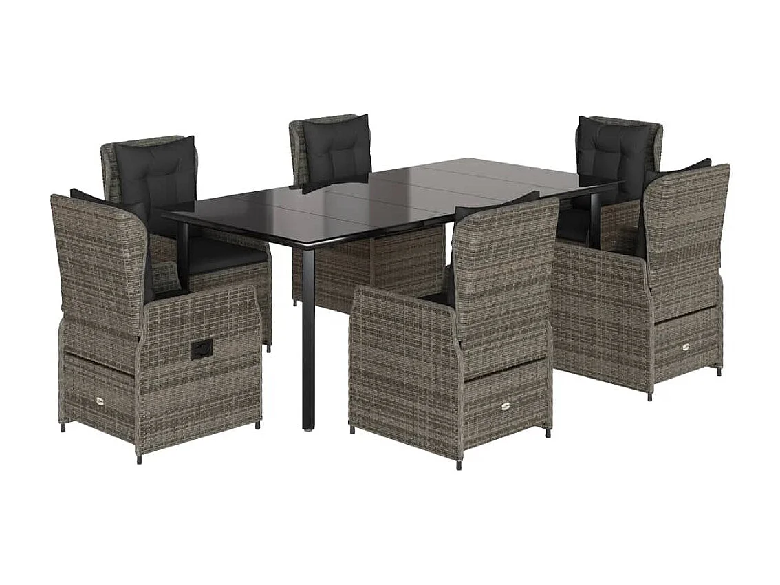 7 peças conjunto de jantar p/ jardim c/ almofadões vime PE cinza