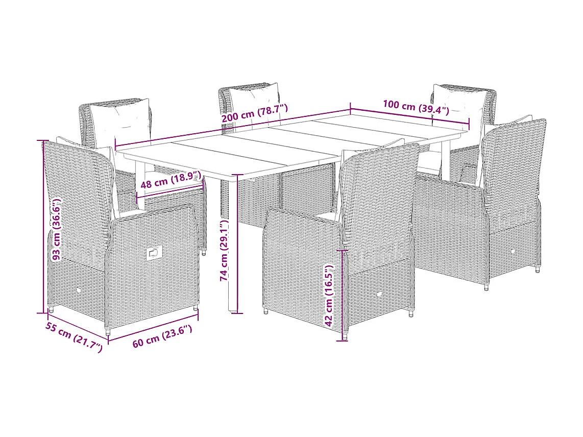 7 peças conjunto de jantar p/ jardim c/ almofadões vime PE cinza