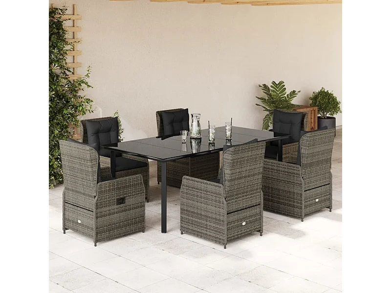 7 peças conjunto de jantar p/ jardim c/ almofadões vime PE cinza