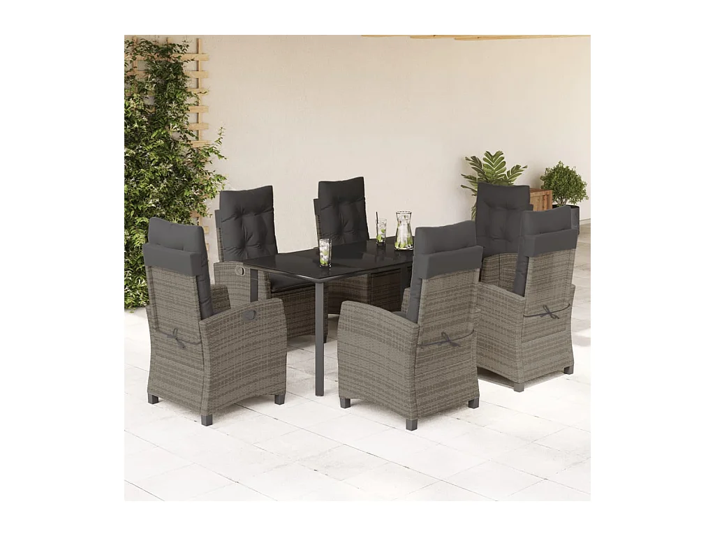 Set comedor jardín 7 piezas y cojines ratán sintético gris