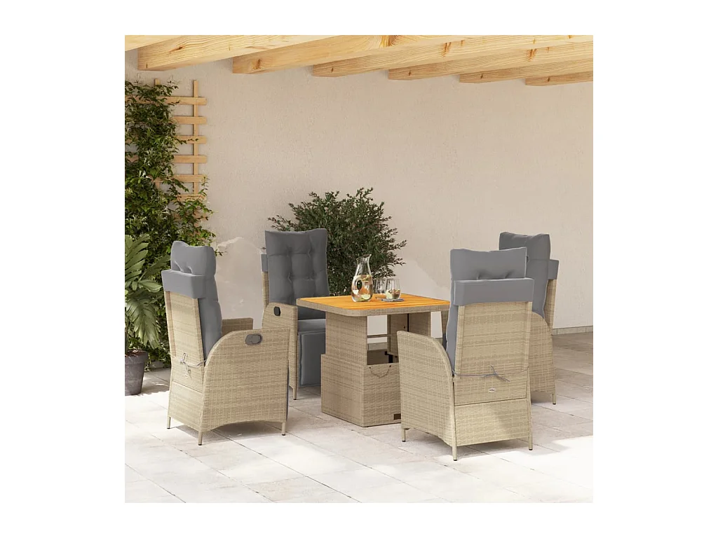 Ensemble à manger de jardin avec coussins 5 pièces Beige poly rotin