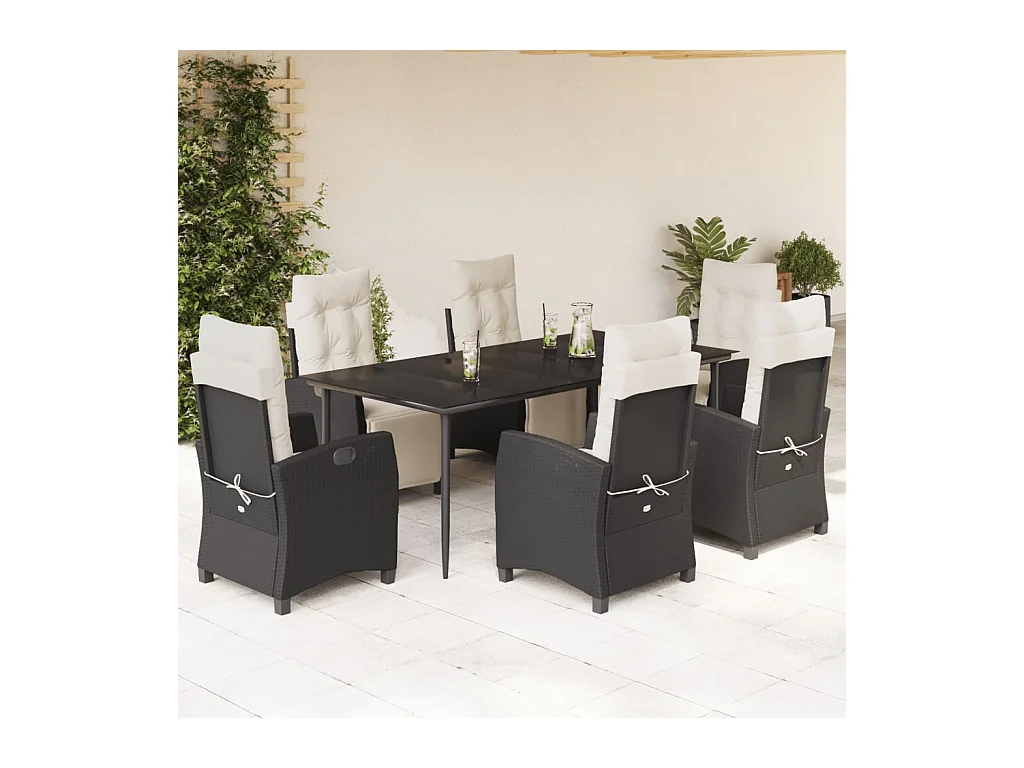 Ensemble à manger de jardin coussins 7 pièces Noir Résine tressée
