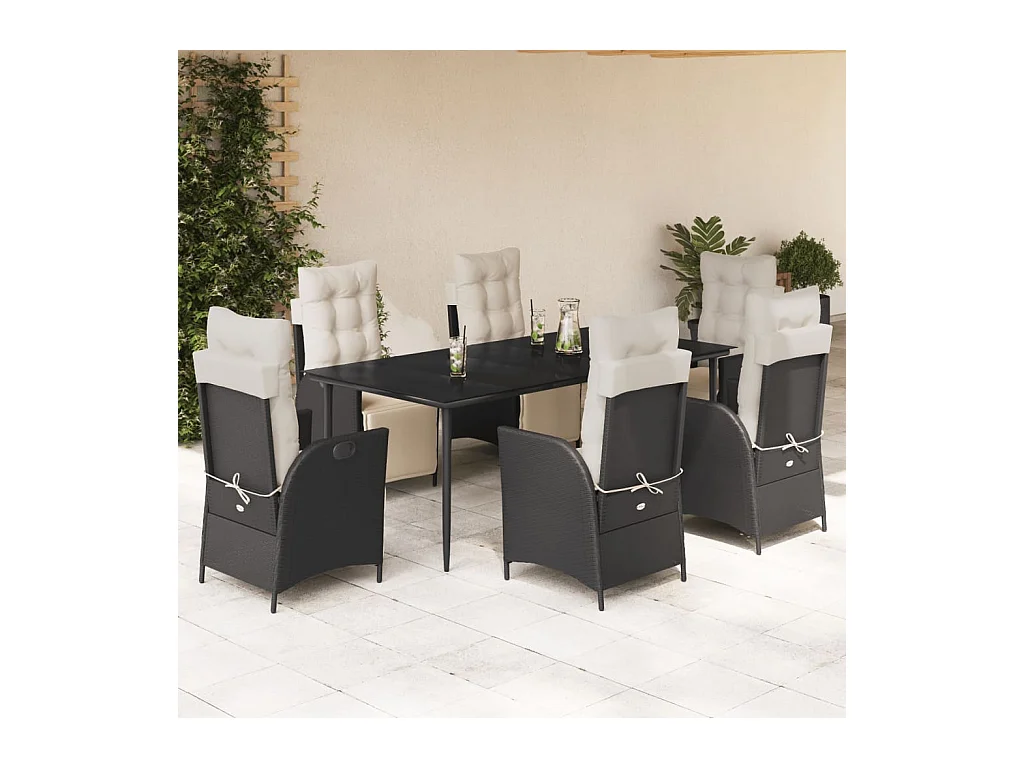 7 peças conjunto de jantar p/ jardim c/ almofadões vime PE preto