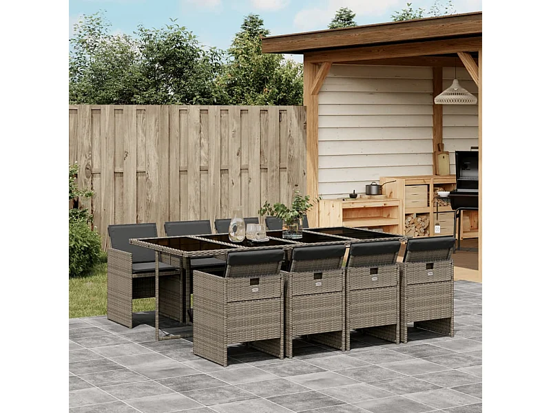 Set comedor jardín 9 piezas y cojines ratán sintético gris
