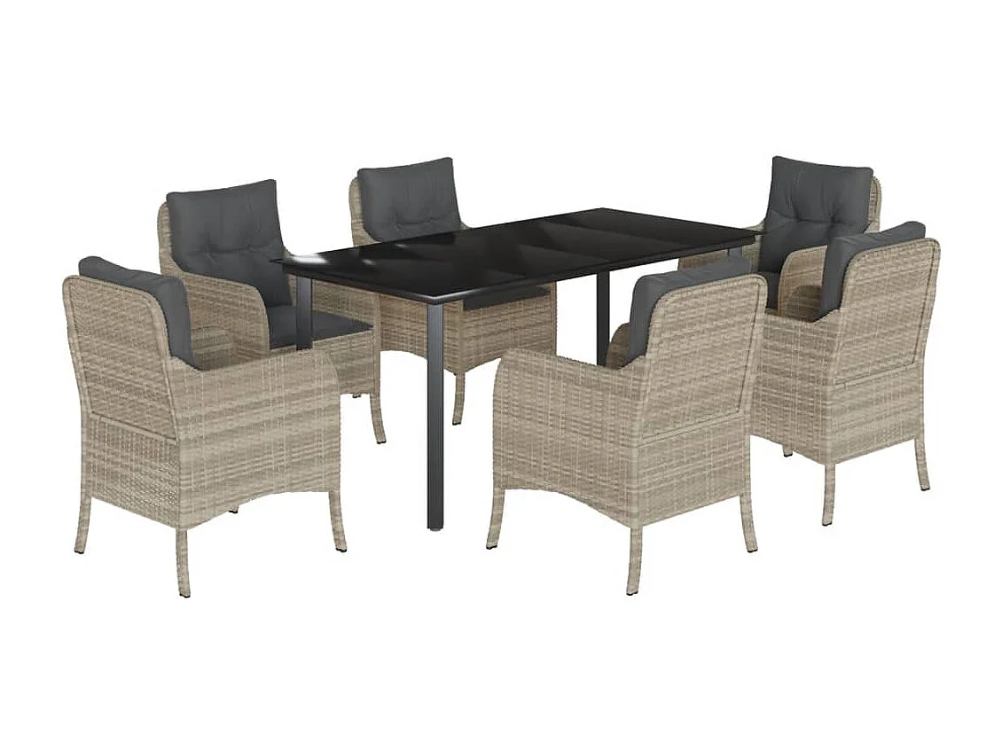 Ensemble à manger de jardin et coussins 7 pièces gris clair rotin