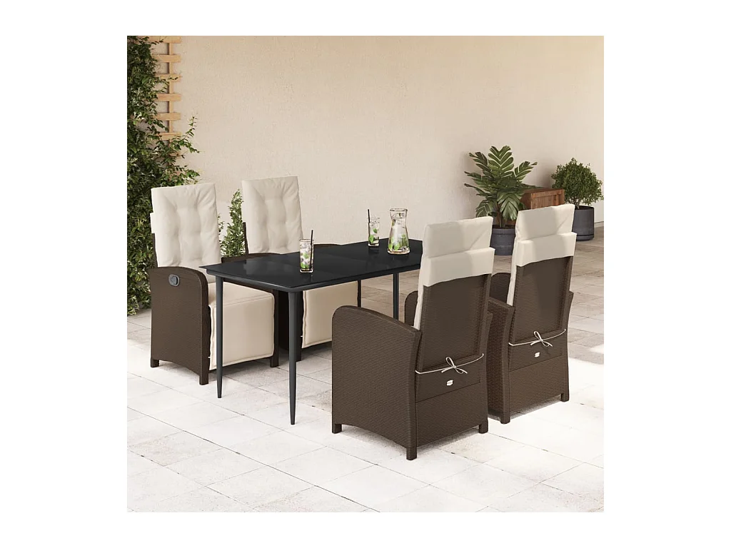 Ensemble à manger de jardin 5 pièces et coussins marron poly rotin