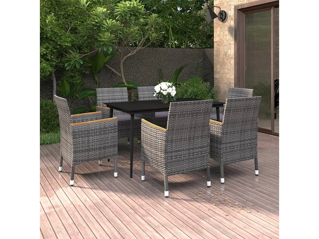 Set comedor de jardín 7 piezas y cojines ratán sintético y vidrio