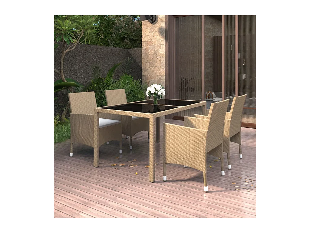 Mobilier à dîner jardin 5 pièces Résine tressée verre trempé Beige