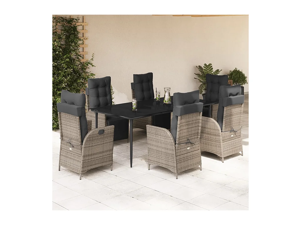 Ensemble à manger de jardin et coussins 7 pièces gris rotin