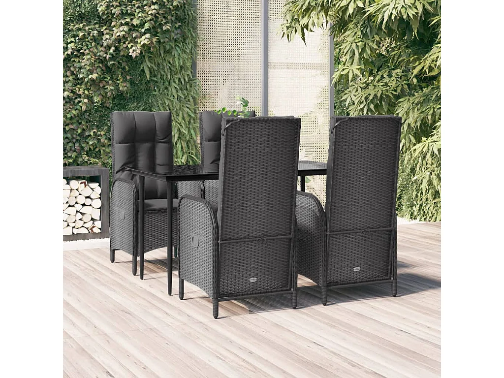 Mobilier à dîner de jardin et coussins 5 pièces Noir Résine tressée