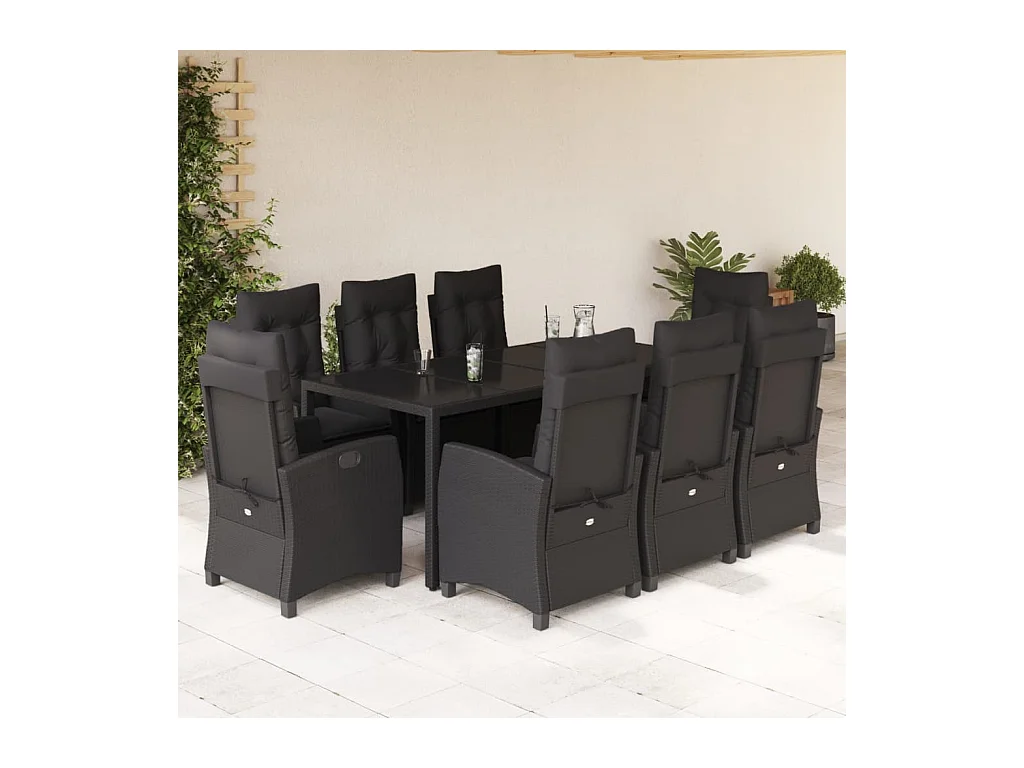 9 peças conjunto de jantar p/ jardim c/ almofadões vime PE preto