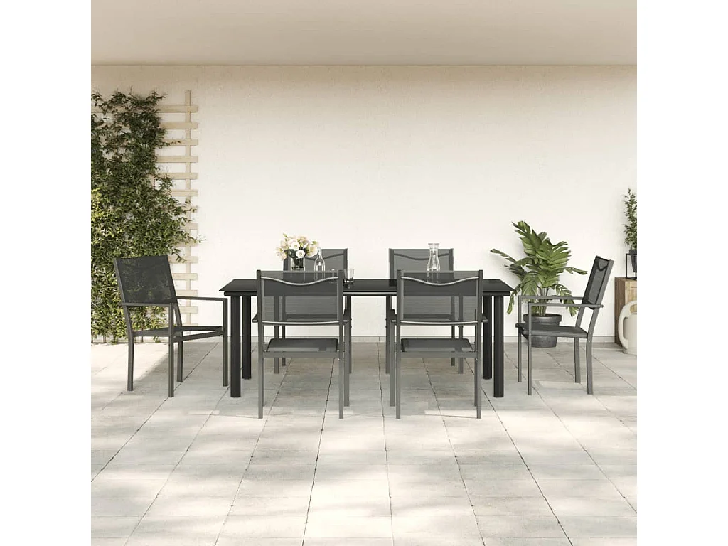 Ensemble à manger de jardin 7 pièces noir textilène et acier