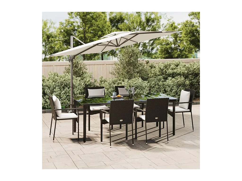 Set de comedor de jardín 7 piezas y cojines ratán sintético negro