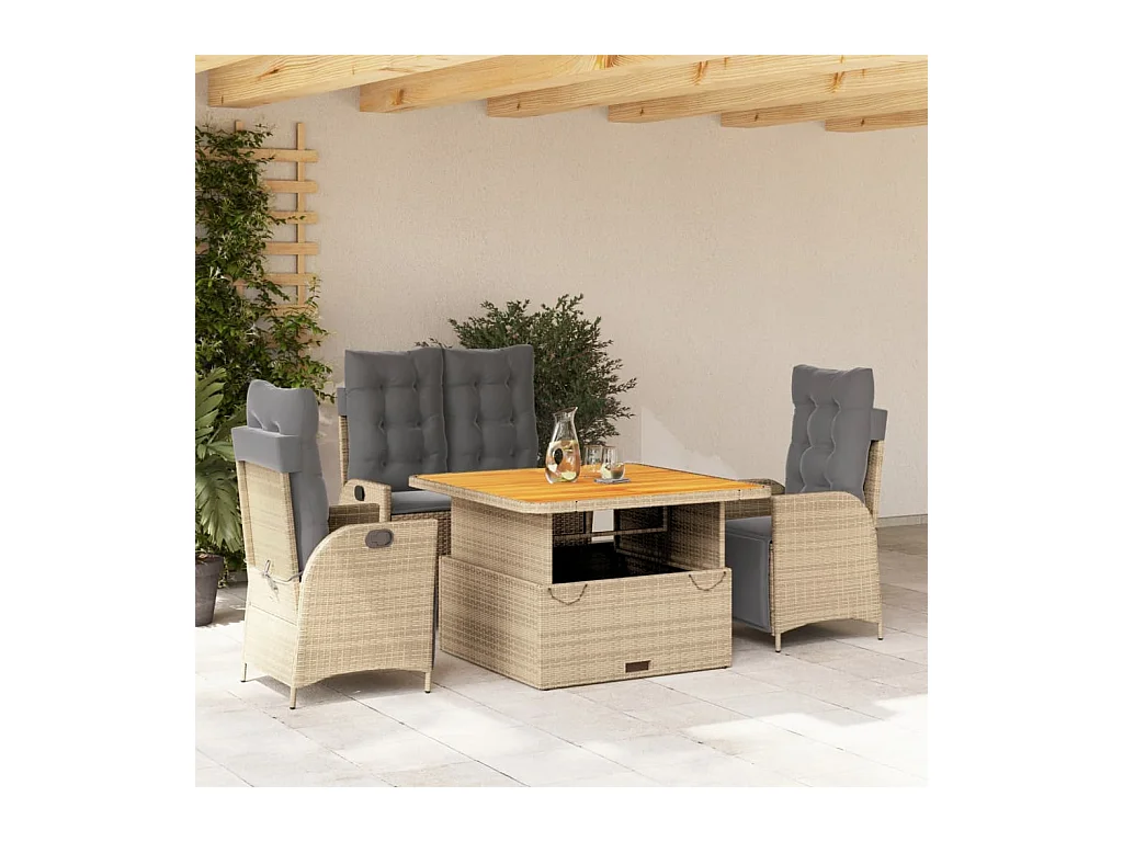 Ensemble à manger de jardin coussins 4 pièces beige résine tressée