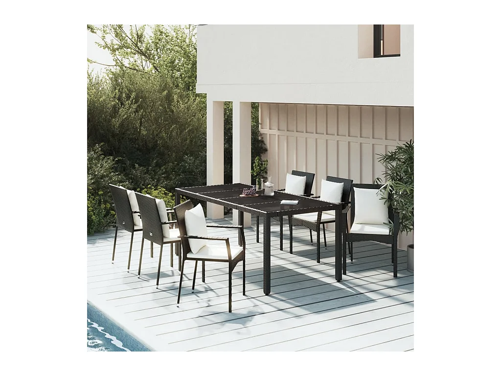 Set de comedor de jardín 7 piezas y cojines ratán sintético negro