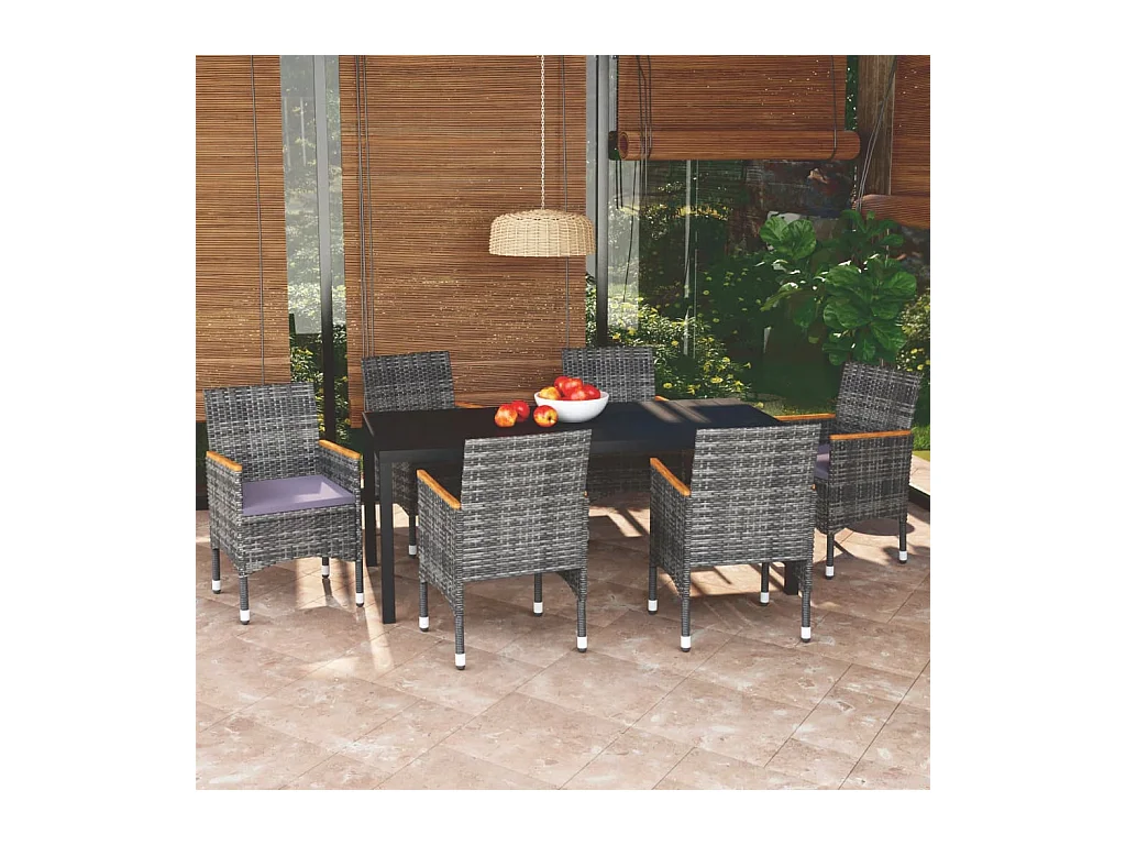 Mobilier à dîner de jardin et coussins 7 pièces Résine tressée Gris