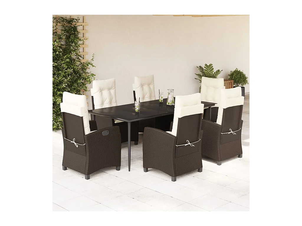 Ensemble à manger de jardin et coussins 7 pièces marron rotin