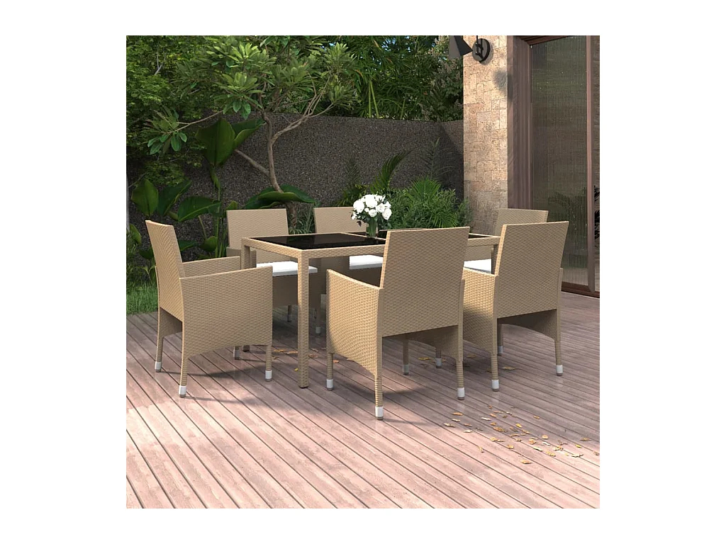 Mobilier à dîner jardin 7 pièces Résine tressée verre trempé Beige