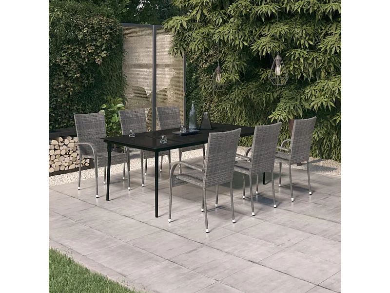 Juego de comedor para jardín 7 piezas gris y negro