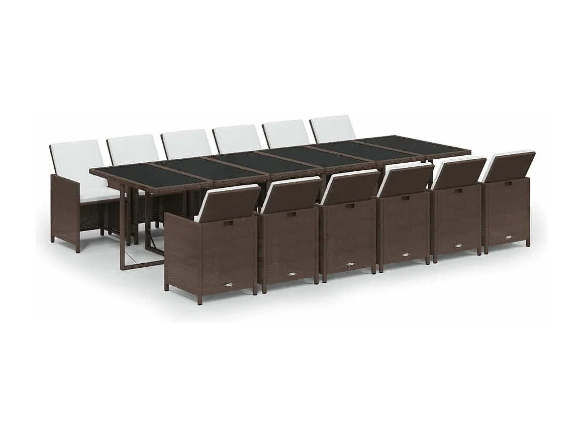 Ensemble à dîner de jardin coussins 13 pièces Résine tressée Marron