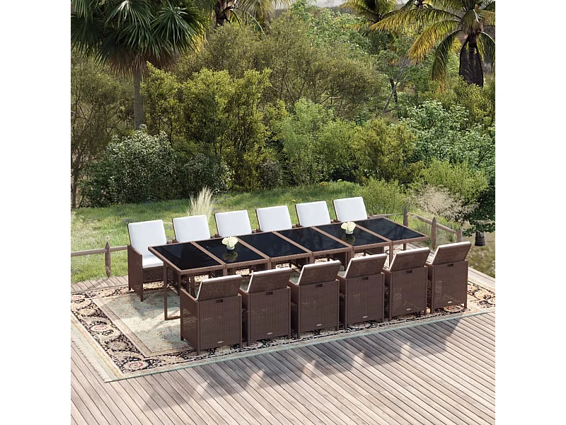 Ensemble à dîner de jardin coussins 13 pièces Résine tressée Marron