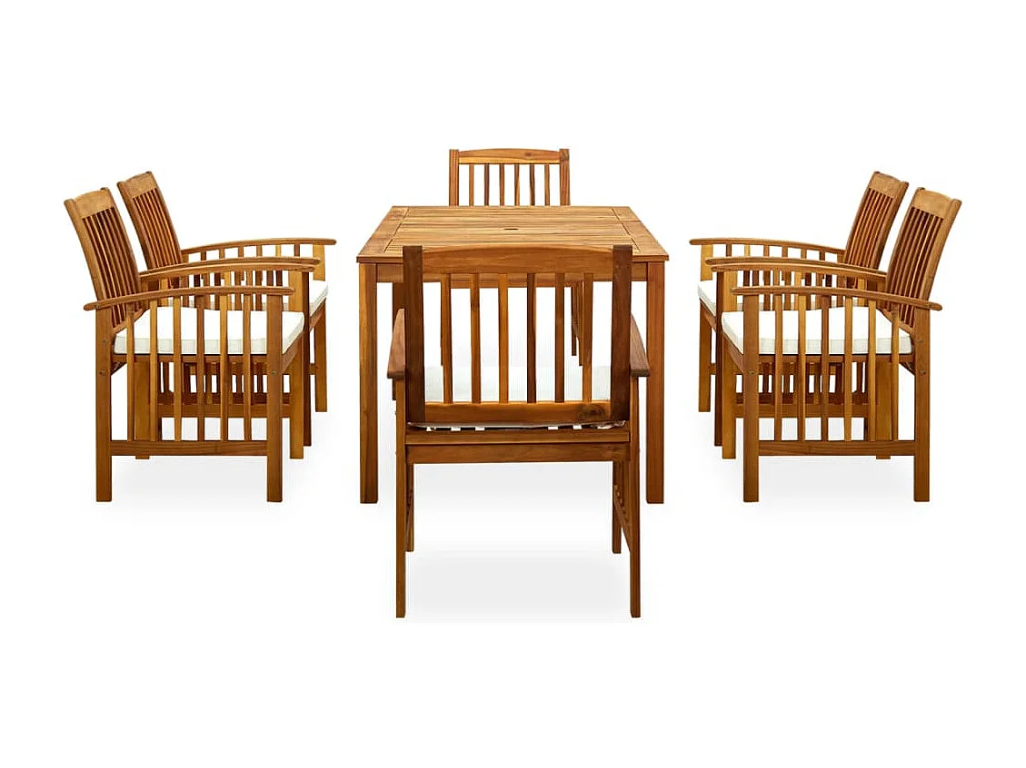 7 peças conjunto de jantar p/ jardim c/ almofadões acácia maciça