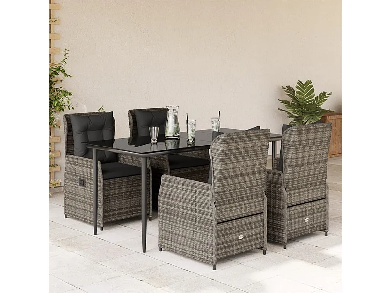 Ensemble à manger de jardin 5 pièces coussins gris résine tressée