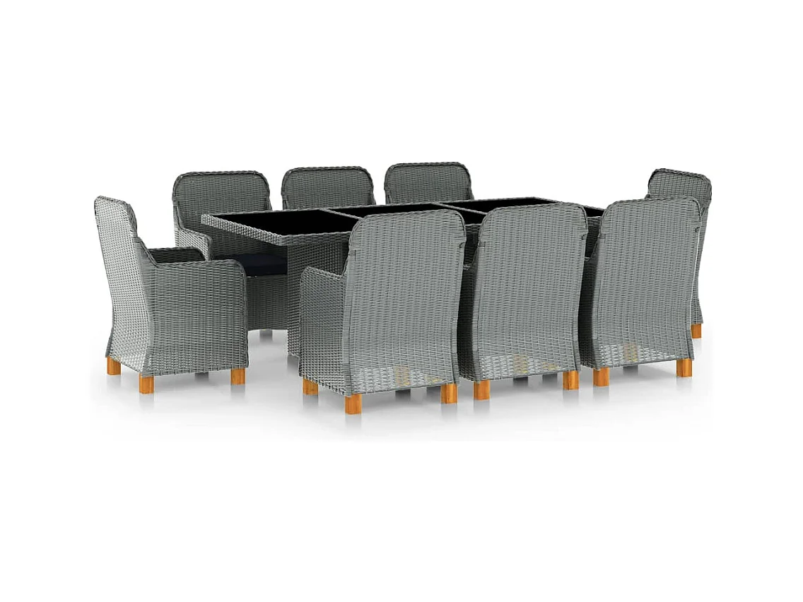 Mobilier à dîner 9 pièces avec coussins Résine tressée Gris clair