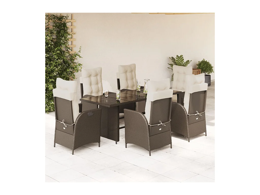 Ensemble à manger de jardin et coussins 7 pièces marron rotin