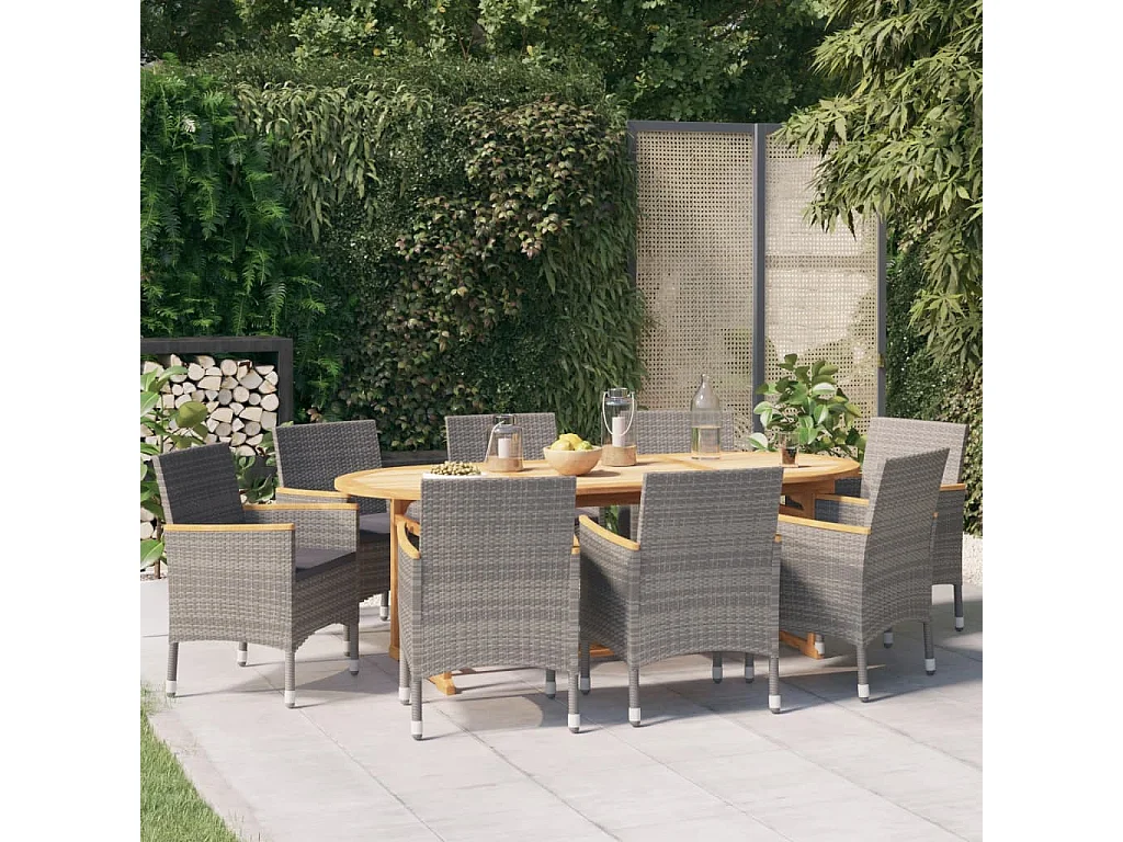 Juego de comedor de jardín 9 piezas con cojines gris
