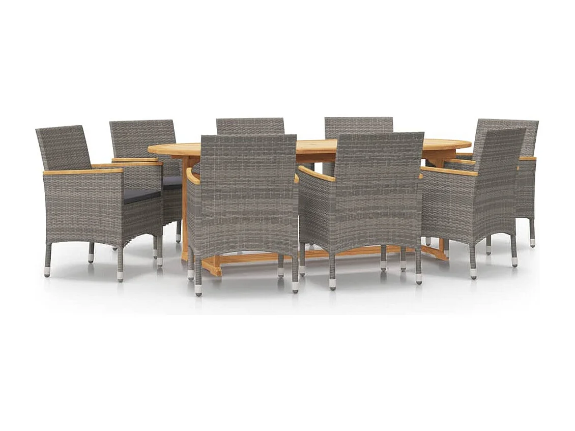 Juego de comedor de jardín 9 piezas con cojines gris