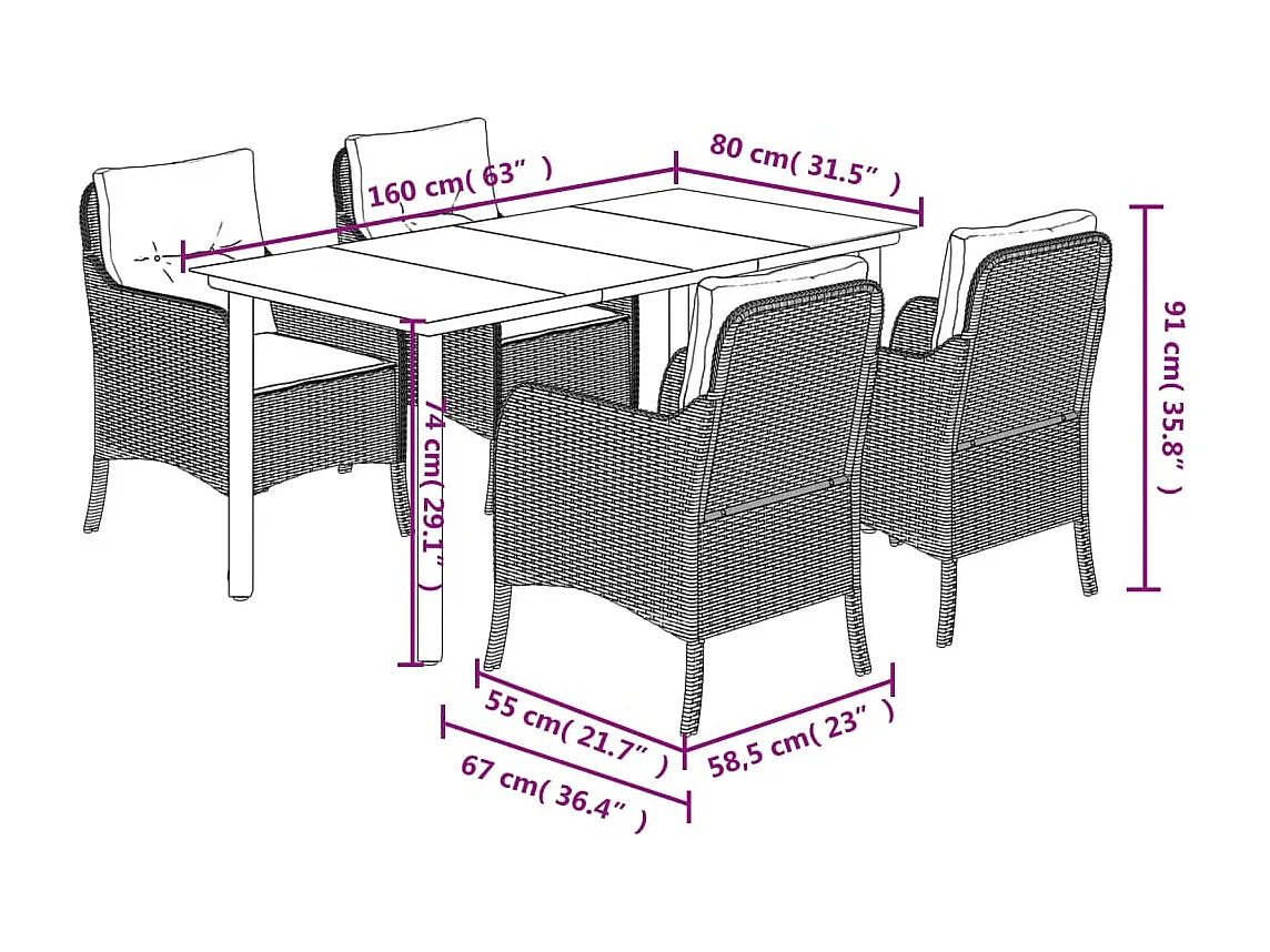 5 peças conjunto de jantar p/ jardim c/ almofadões cinzento claro