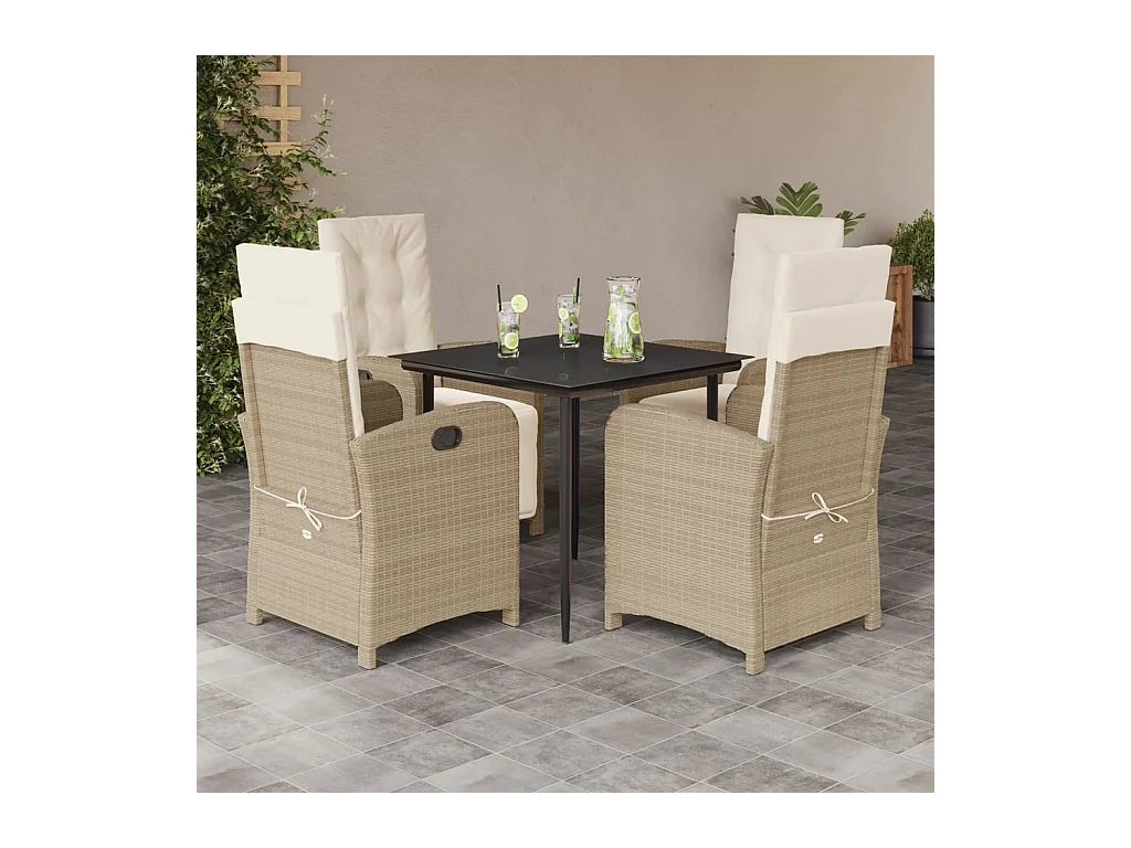 Ensemble à manger de jardin avec coussins 5 pièces Beige poly rotin