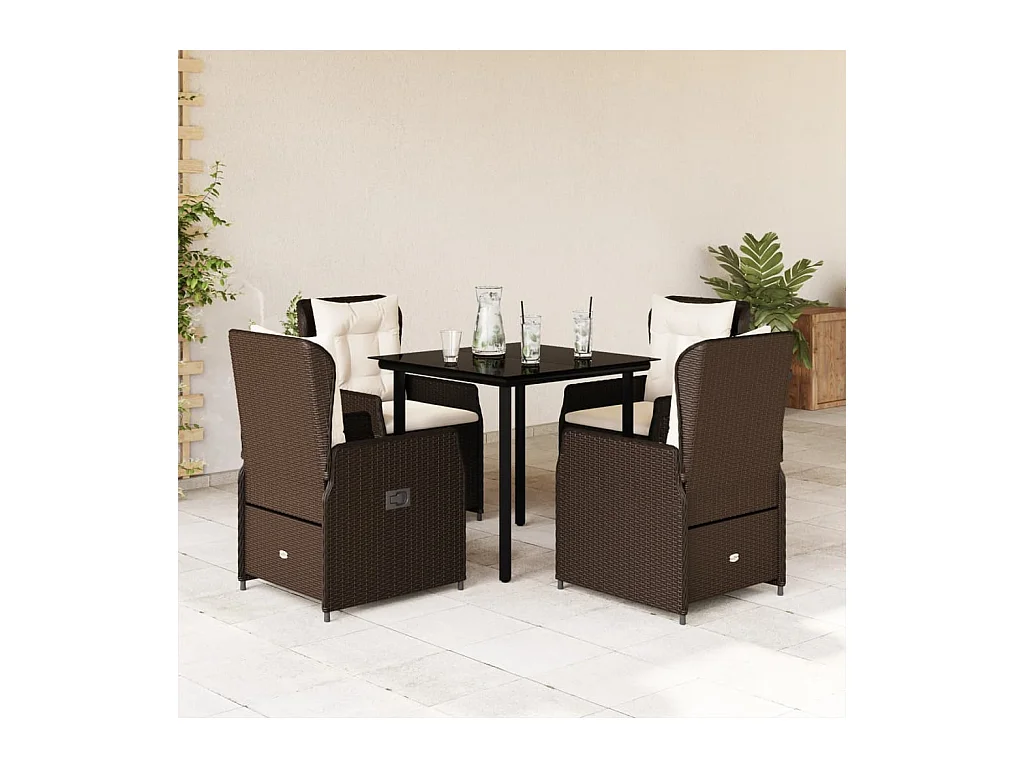 Ensemble à manger de jardin 5 pièces et coussins marron poly rotin