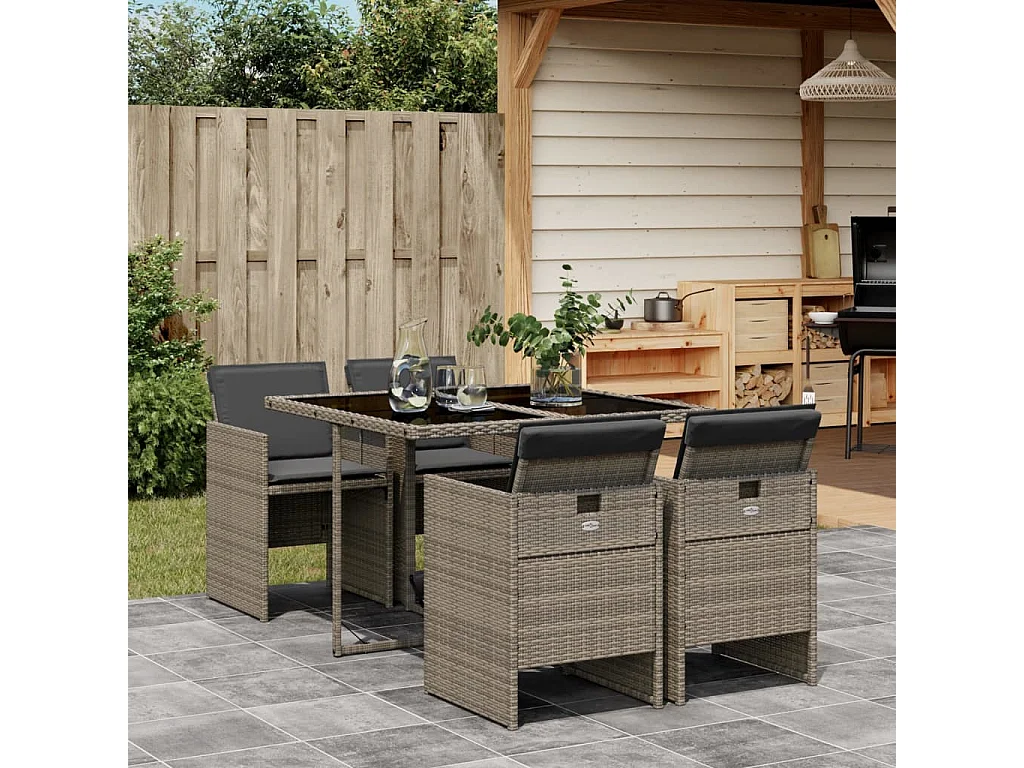 Set comedor de jardín 5 piezas con cojines ratán sintético gris