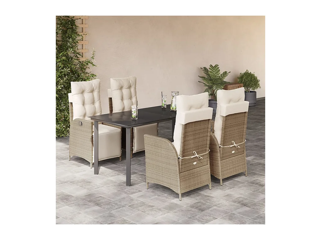 Ensemble à manger de jardin avec coussins 5 pièces Beige poly rotin