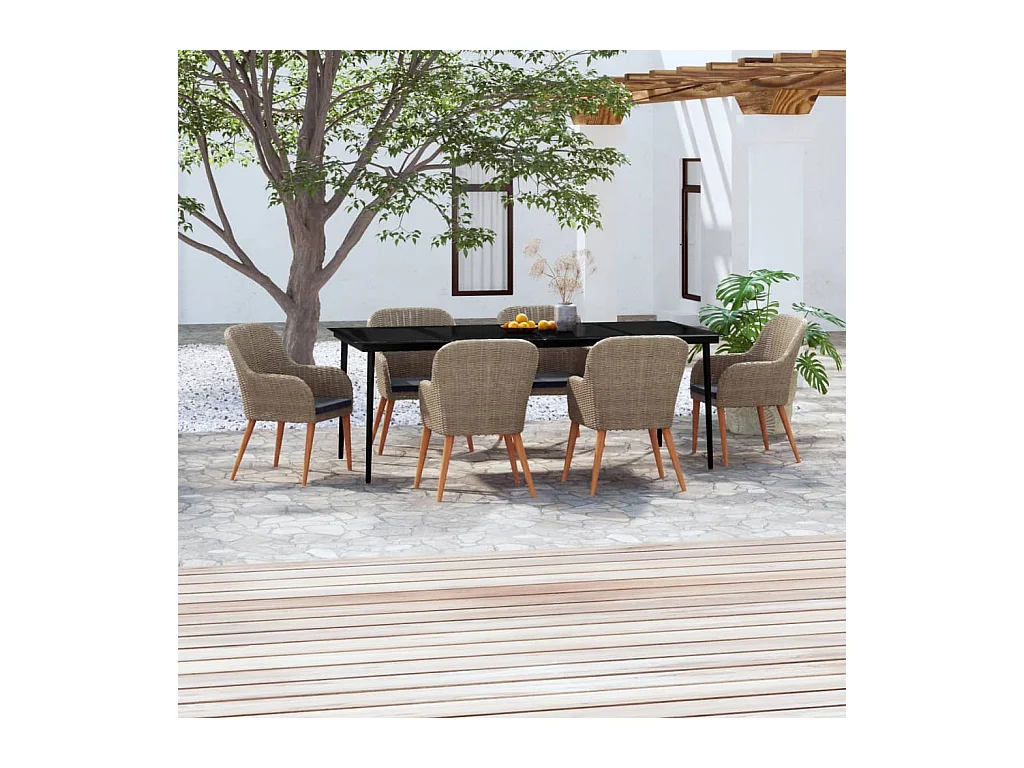 Juego de comedor para jardín 7 piezas con cojines marrón