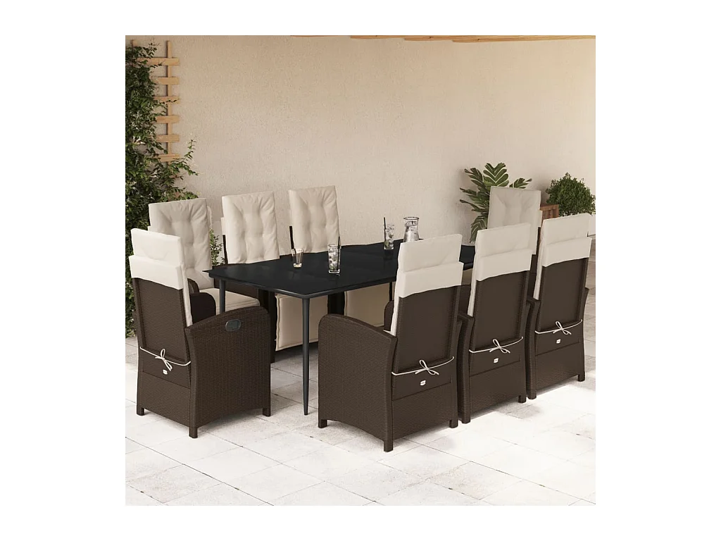 9 peças conjunto jantar p/ jardim c/ almofadões vime PE castanho