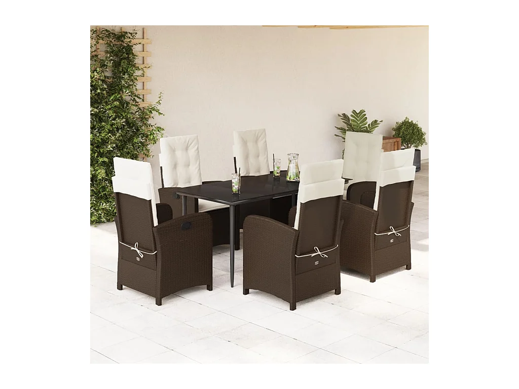 Ensemble à manger de jardin et coussins 7 pièces marron rotin
