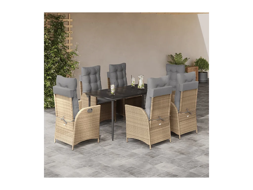 Ensemble à manger de jardin et coussins 7 pièces beige poly rotin