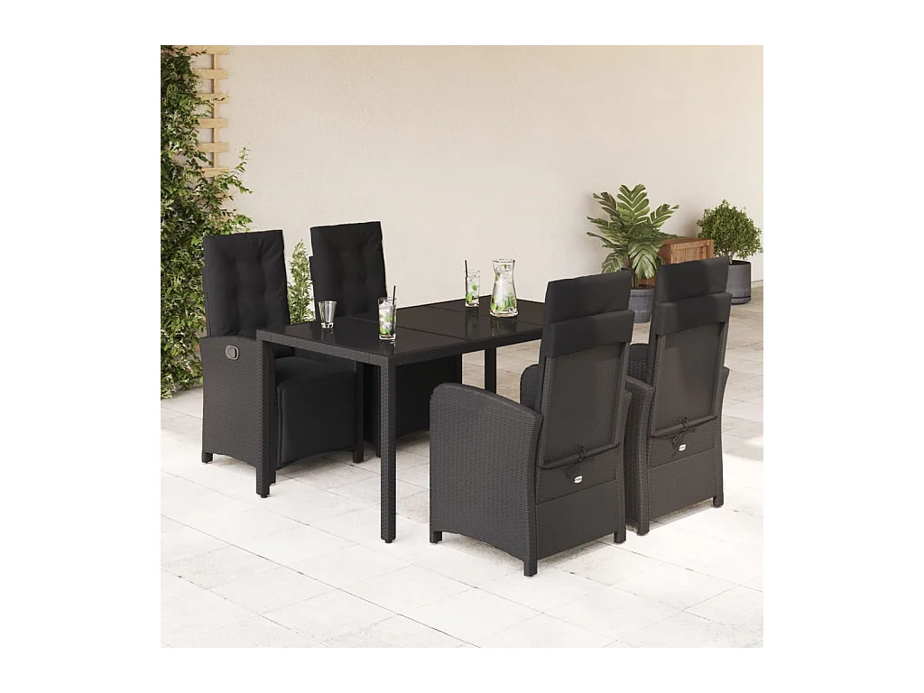 Ensemble à manger de jardin coussins 5 pièces Noir Résine tressée