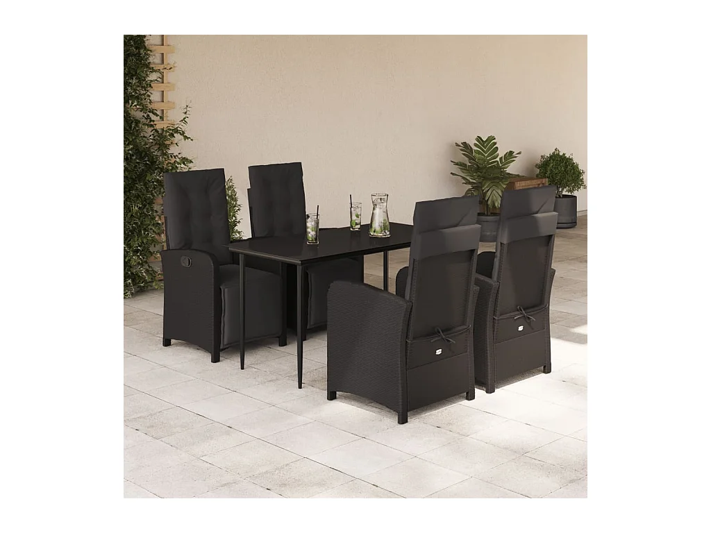 Ensemble à manger de jardin coussins 5 pièces Noir Résine tressée