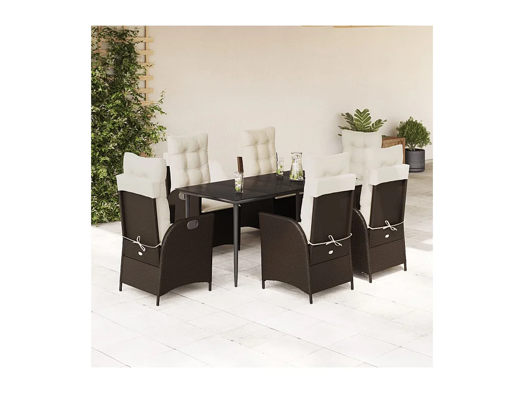 7 peças conjunto jantar p/ jardim c/ almofadões vime PE castanho