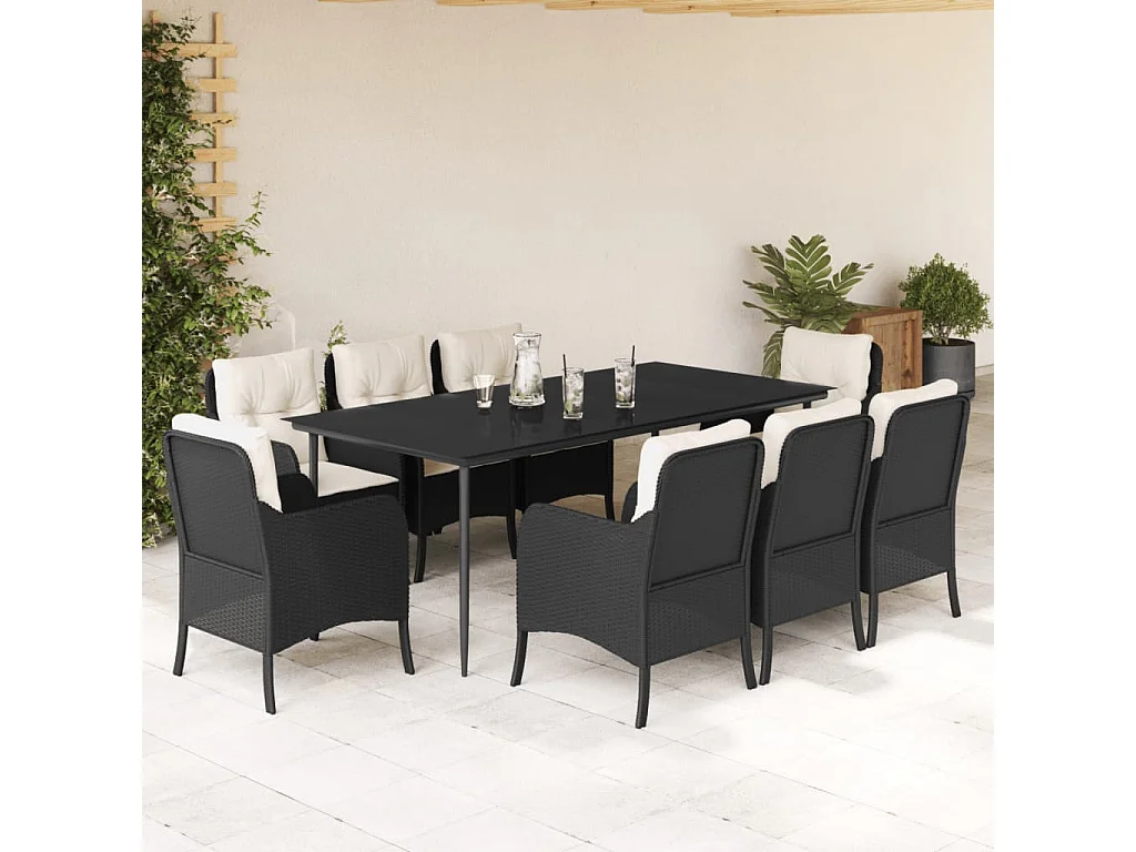 Set de comedor de jardín 9 piezas y cojines ratán sintético negro