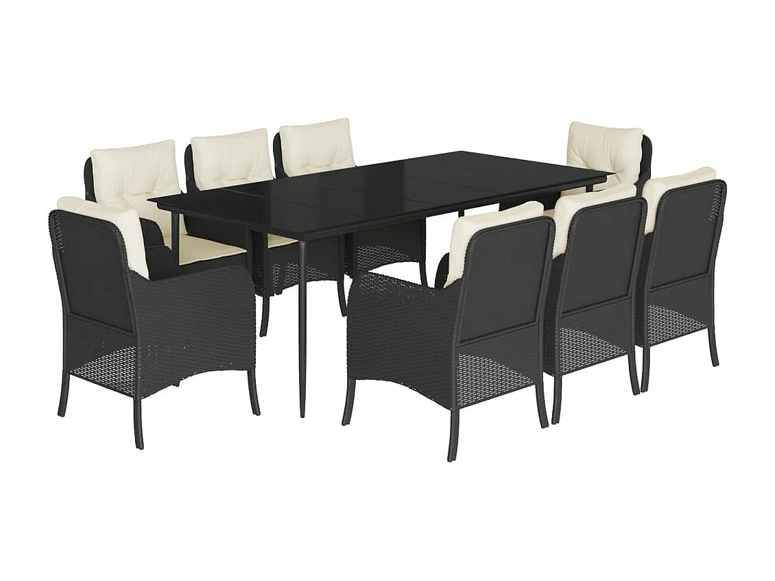 Set de comedor de jardín 9 piezas y cojines ratán sintético negro
