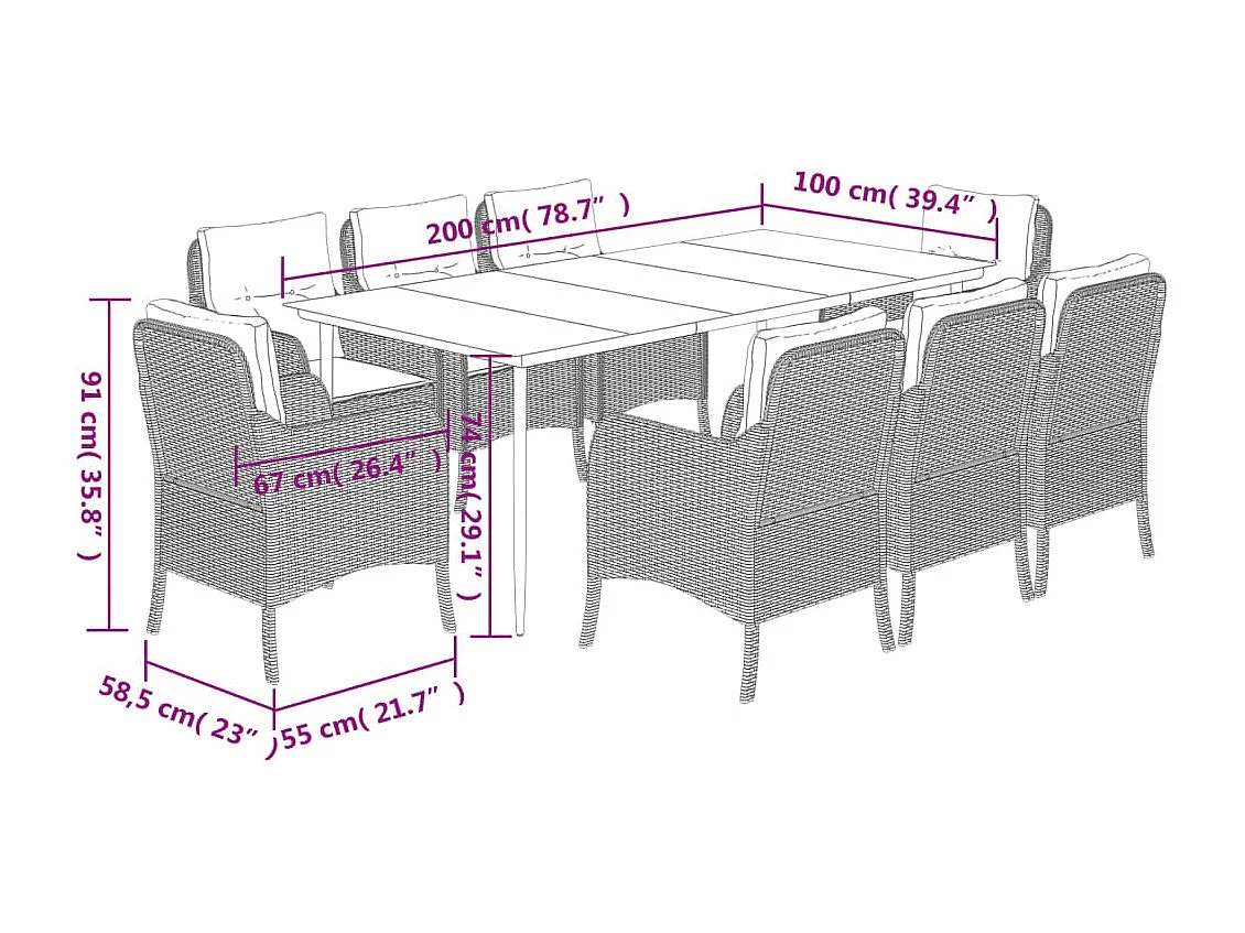 Set de comedor de jardín 9 piezas y cojines ratán sintético negro