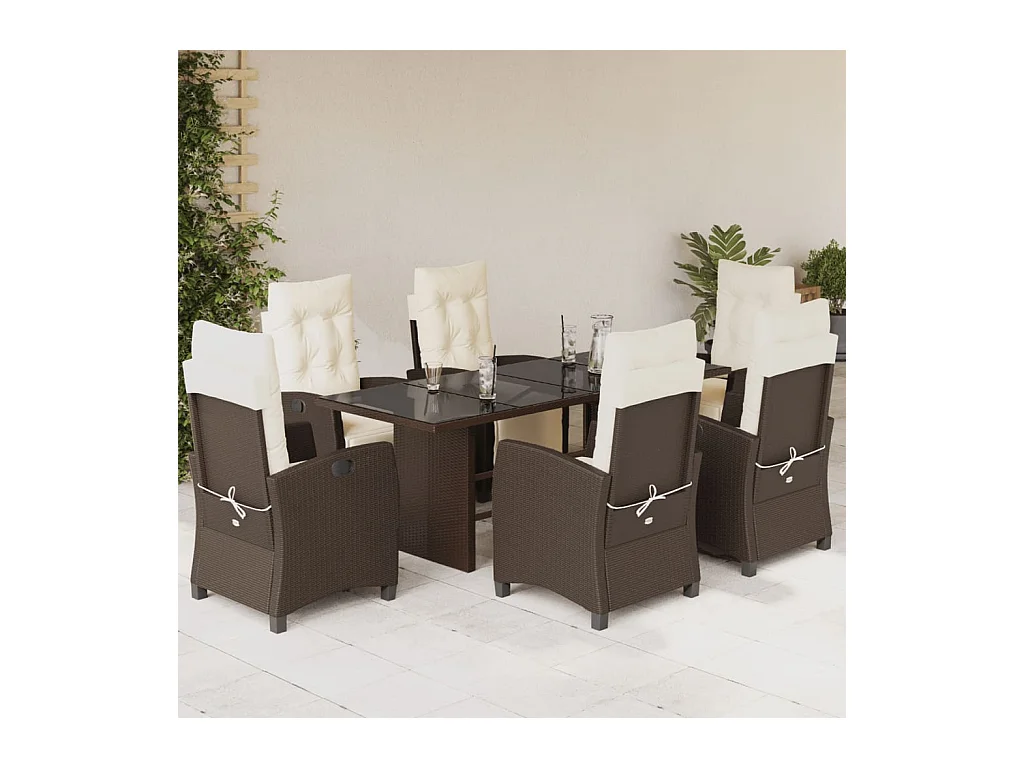 Ensemble à manger de jardin et coussins 7 pièces marron rotin