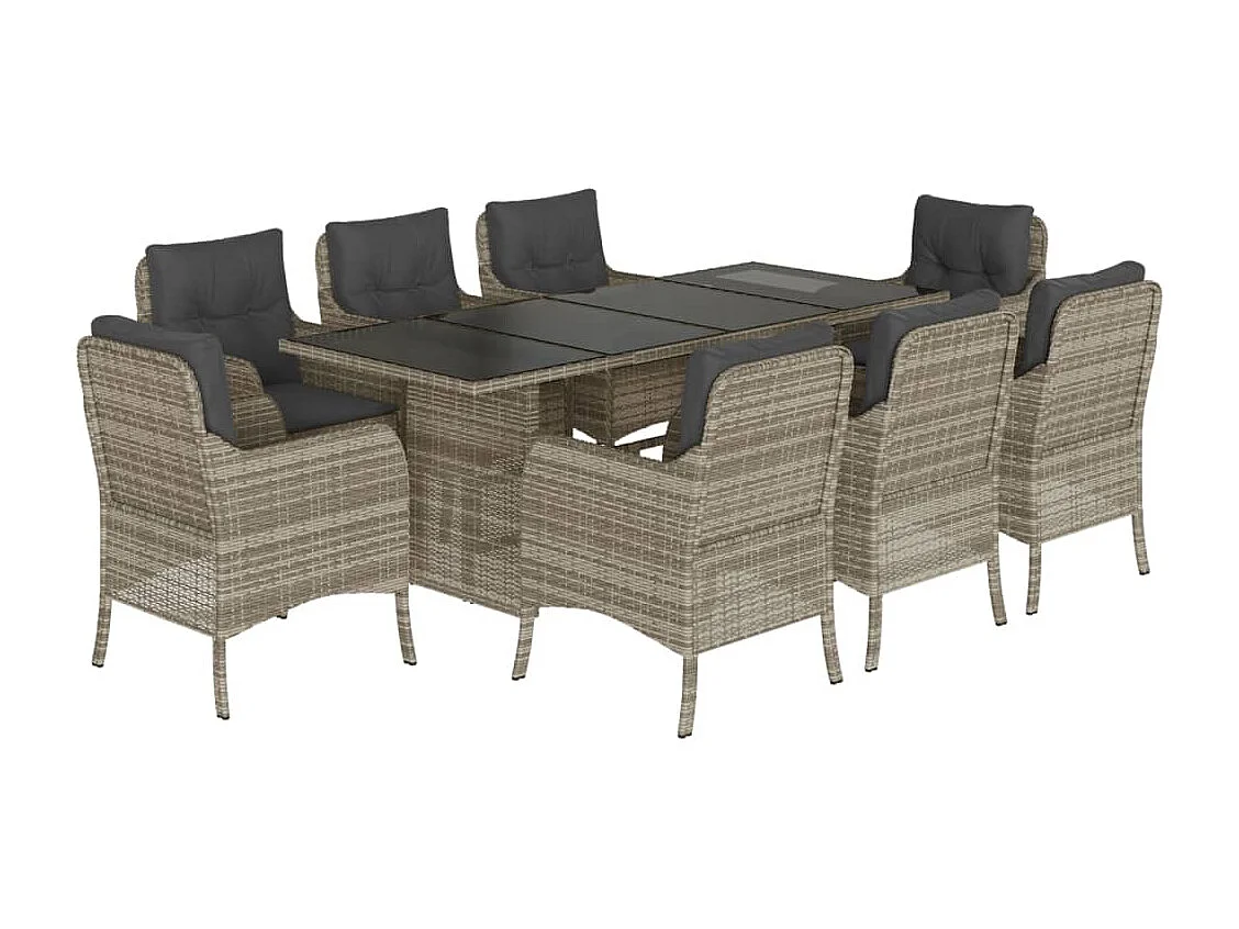 Set comedor de jardín 9 piezas cojines ratán sintético gris claro