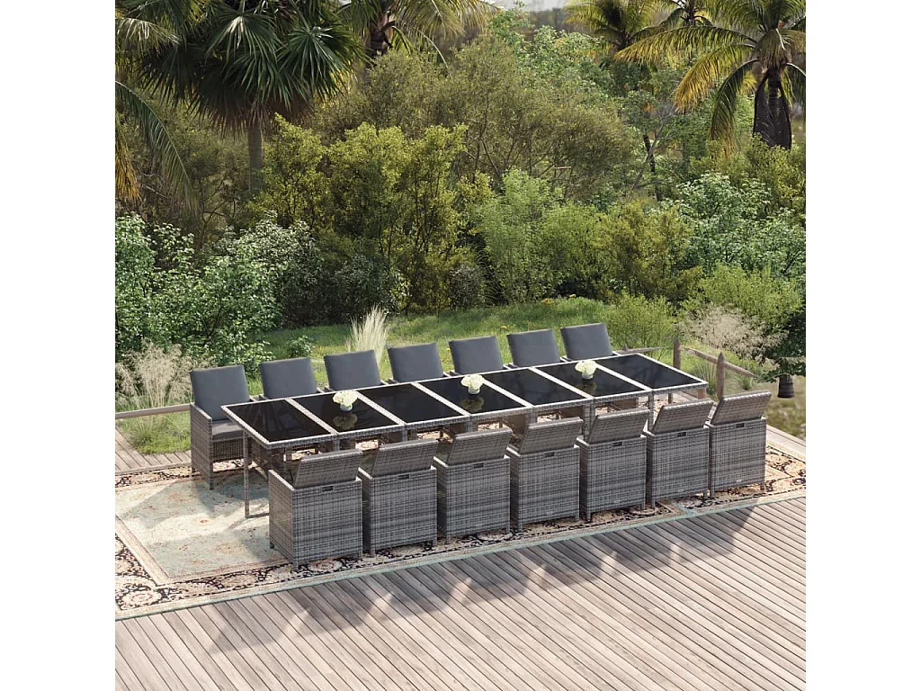 15 peças conjunto jantar p/ jardim c/ almofadões vime PE cinzento