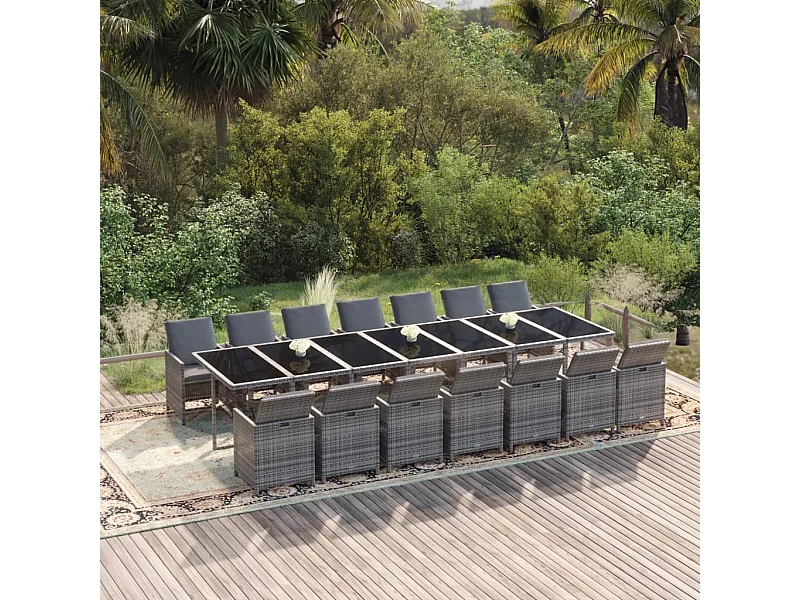 Set de comedor jardín 15 piezas con cojines ratán sintético gris